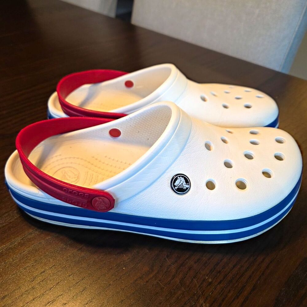Crocs Bayaband Clogs Mens 7 Womens 9 White Navy Red Comfort Shoes Patriotic USA